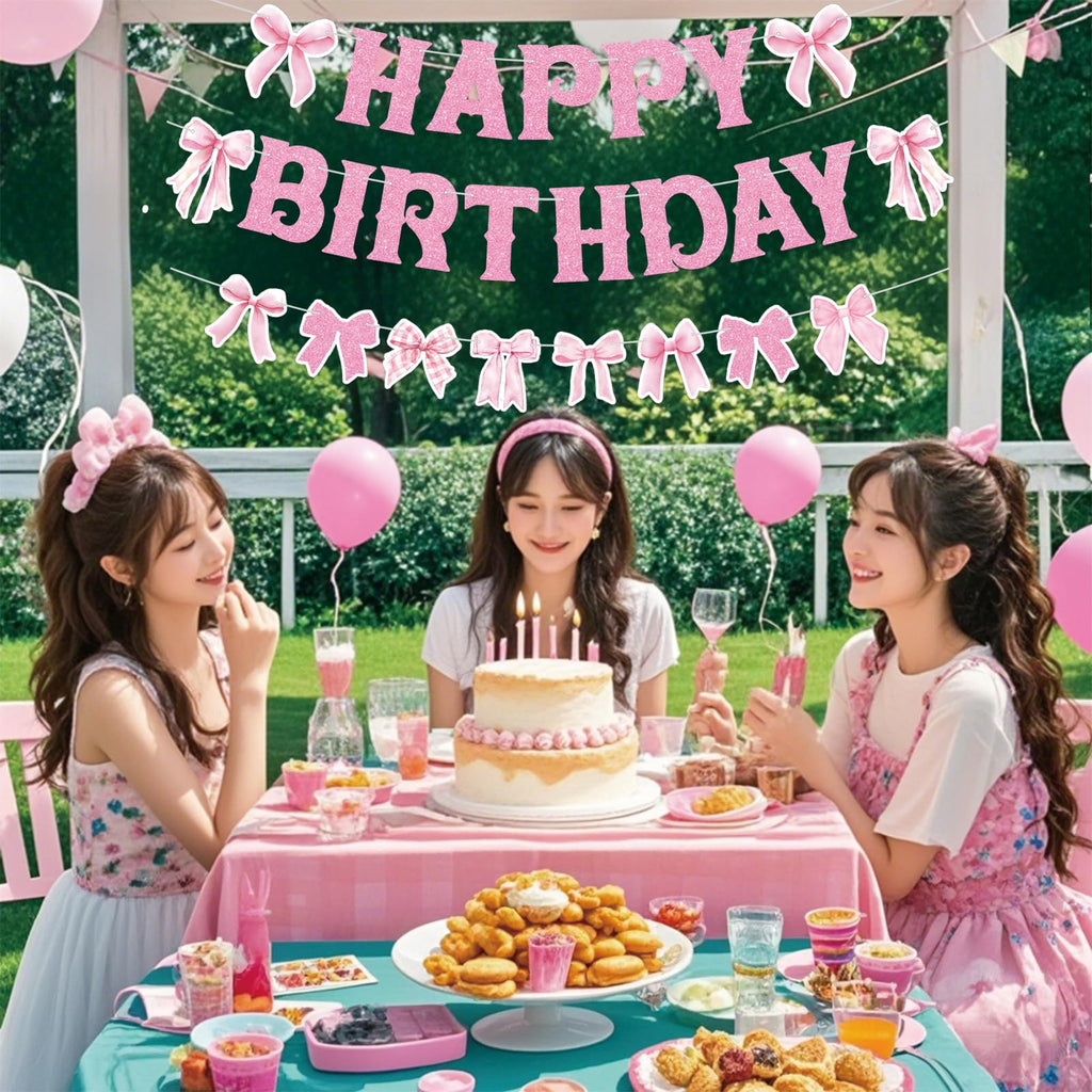 Neyeidru Pink Bow Happy Birthday Banner – Coquette Party Decor & Backdrop