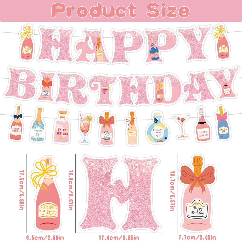 Neyeidru 21st Birthday Decorations | Pink Happy Birthday Banner & Drink Theme Garland