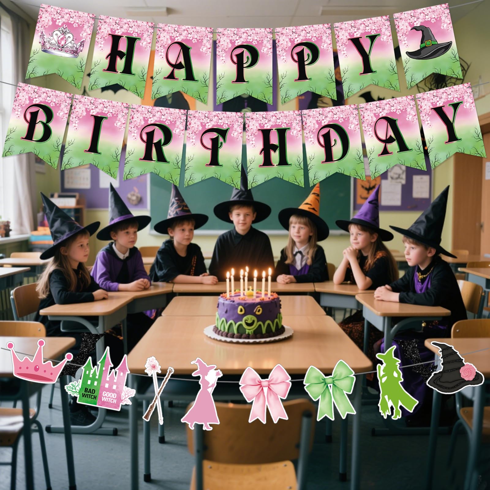 Neyeidru 3pc Pre-Strung Wicked Happy Birthday Banner – Pink & Green Witch Party Decor