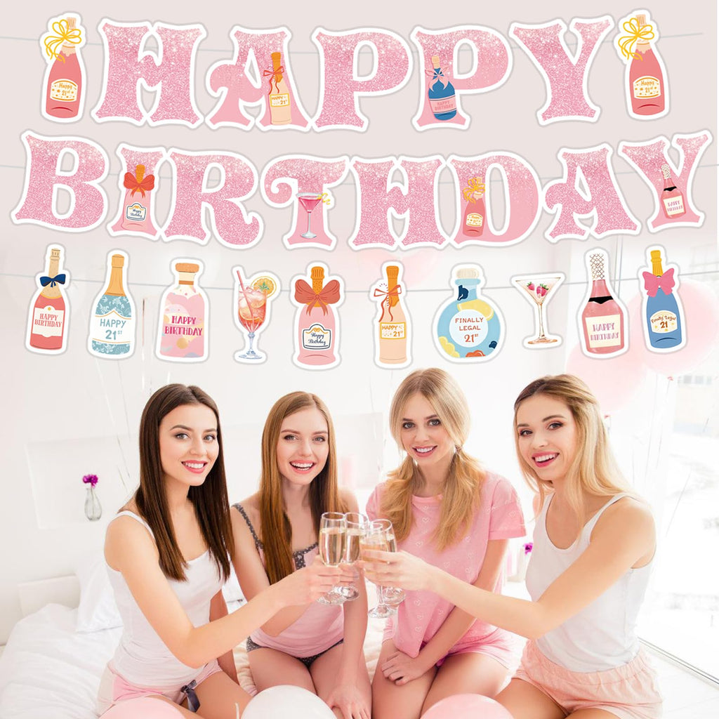 Neyeidru 21st Birthday Decorations | Pink Happy Birthday Banner & Drink Theme Garland