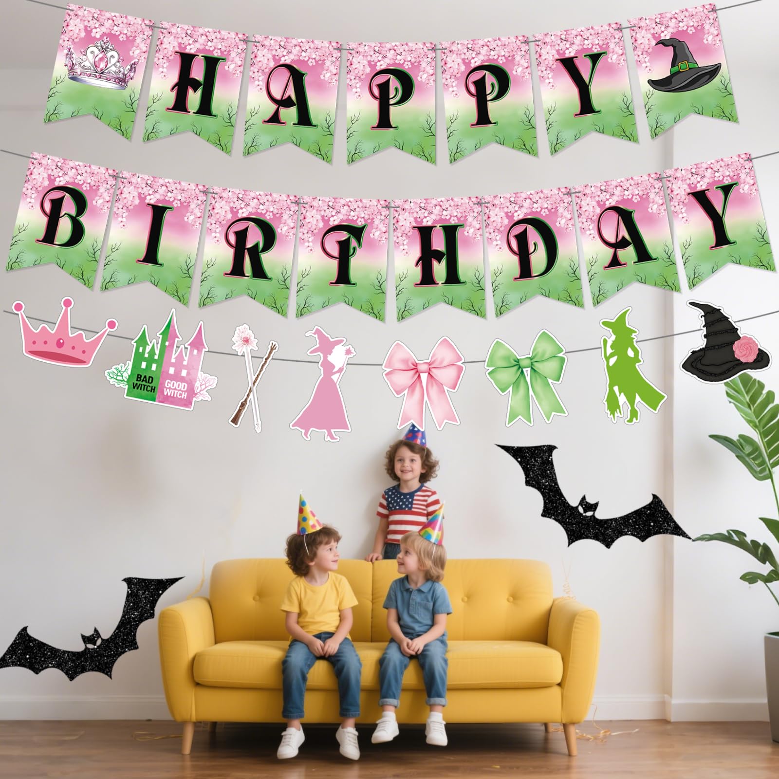 Neyeidru 3pc Pre-Strung Wicked Happy Birthday Banner – Pink & Green Witch Party Decor