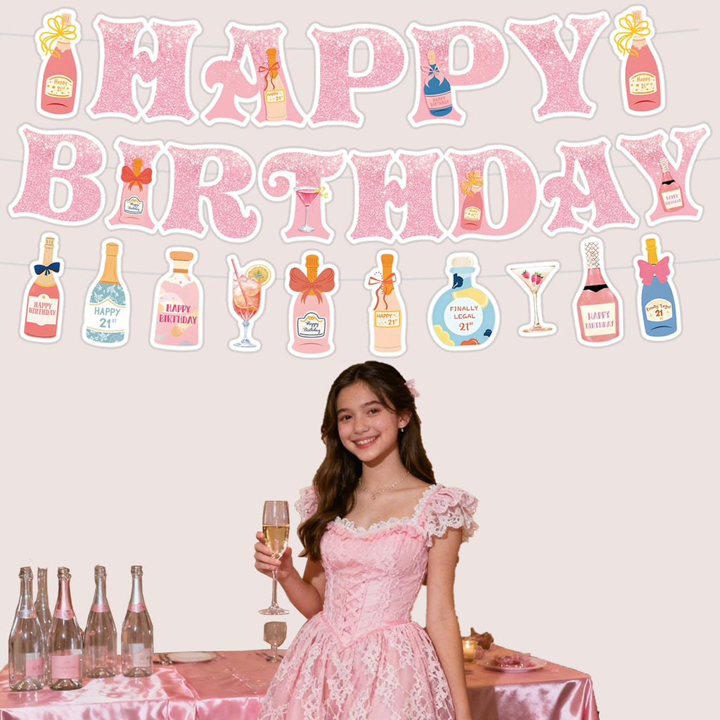Neyeidru 21st Birthday Decorations | Pink Happy Birthday Banner & Drink Theme Garland