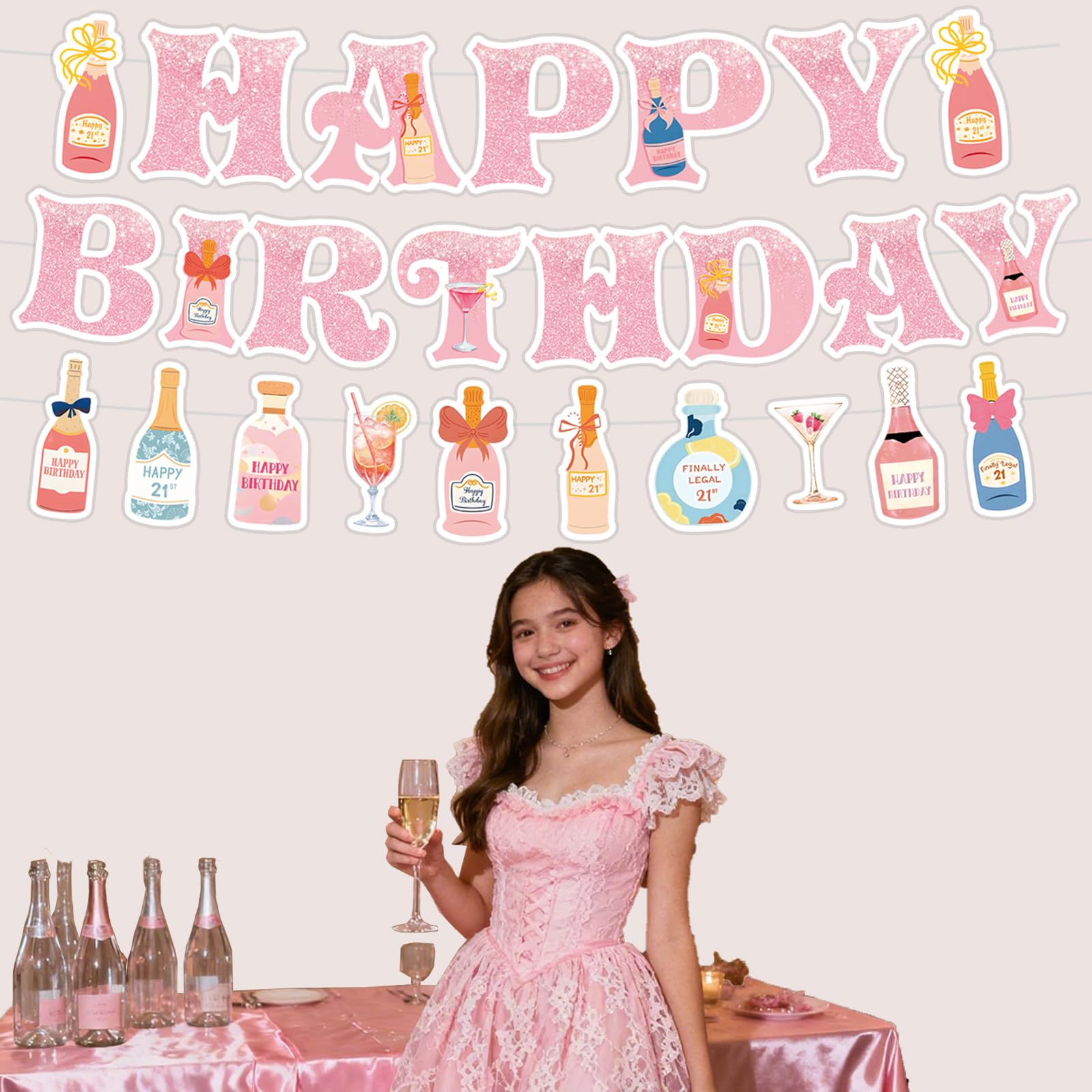 Neyeidru 21st Birthday Decorations | Pink Happy Birthday Banner & Drink Theme Garland