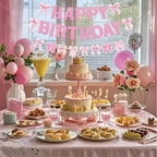 Neyeidru Pink Bow Happy Birthday Banner – Coquette Party Decor & Backdrop