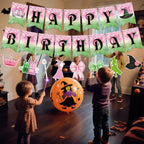 Neyeidru 3pc Pre-Strung Wicked Happy Birthday Banner – Pink & Green Witch Party Decor