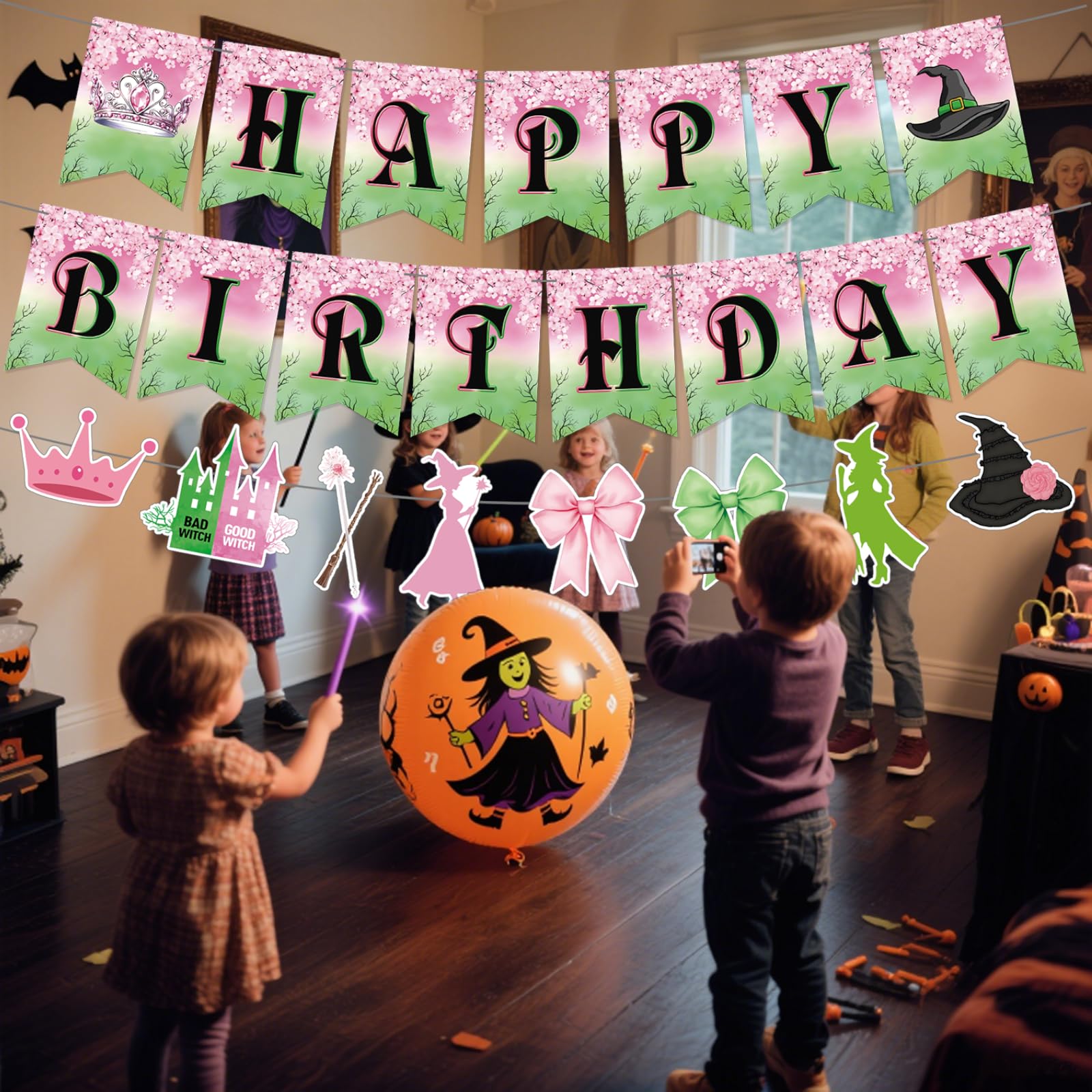 Neyeidru 3pc Pre-Strung Wicked Happy Birthday Banner – Pink & Green Witch Party Decor