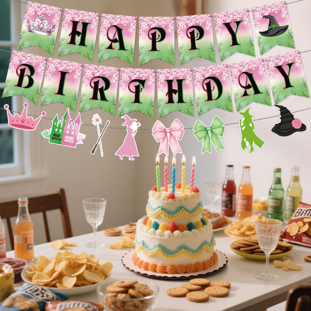 Neyeidru 3pc Pre-Strung Wicked Happy Birthday Banner – Pink & Green Witch Party Decor