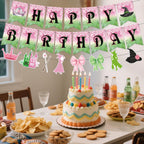 Neyeidru 3pc Pre-Strung Wicked Happy Birthday Banner – Pink & Green Witch Party Decor
