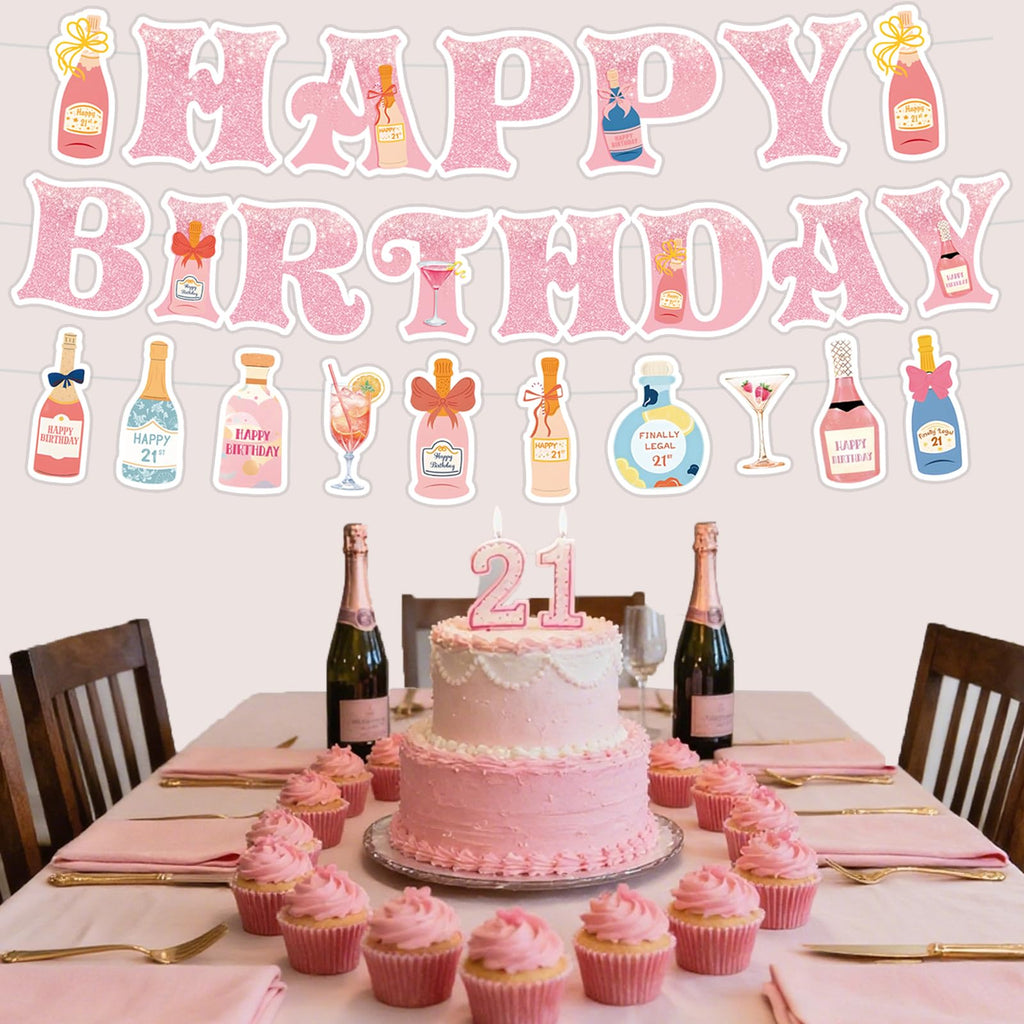 Neyeidru 21st Birthday Decorations | Pink Happy Birthday Banner & Drink Theme Garland