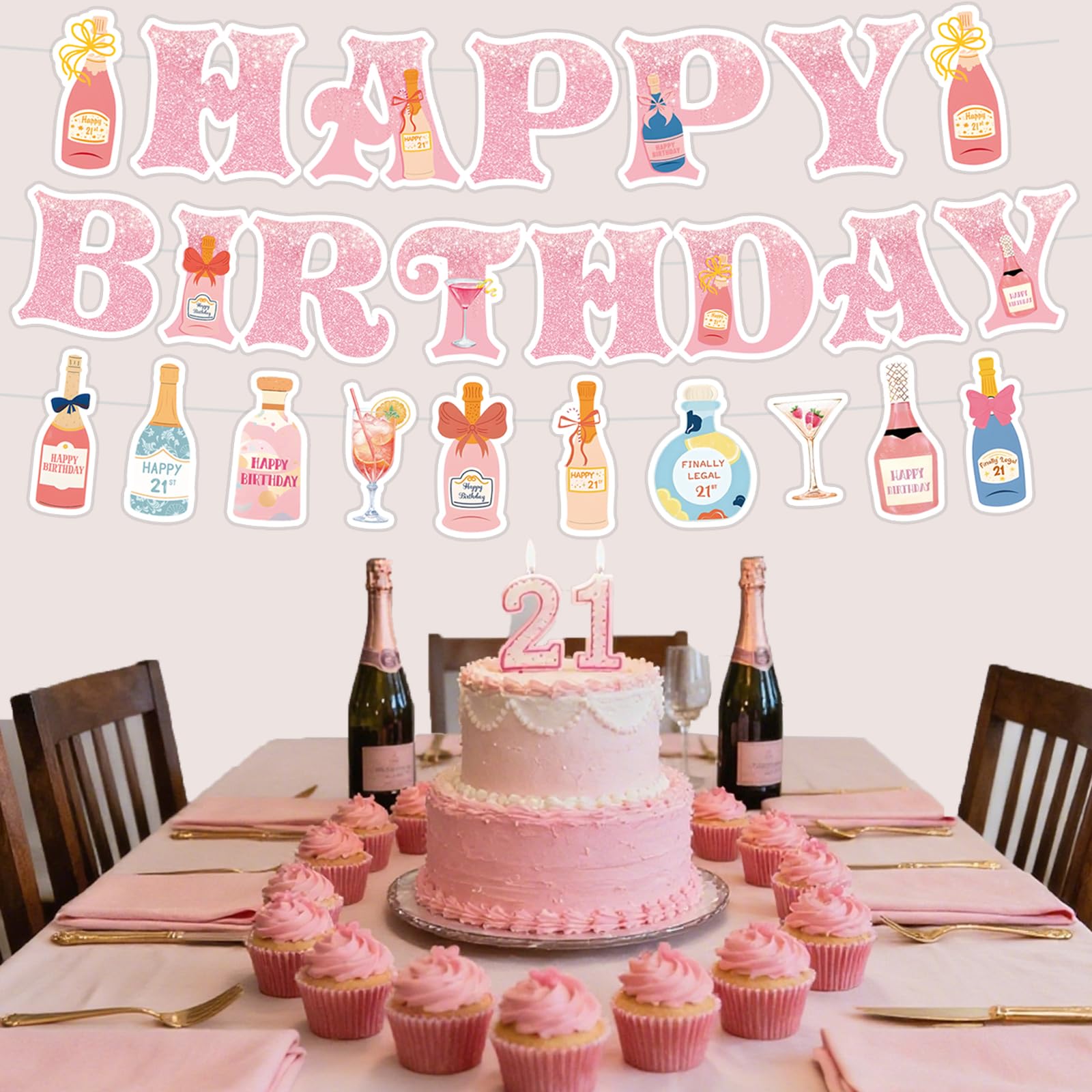 Neyeidru 21st Birthday Decorations | Pink Happy Birthday Banner & Drink Theme Garland