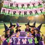 Neyeidru 3pc Pre-Strung Wicked Happy Birthday Banner – Pink & Green Witch Party Decor