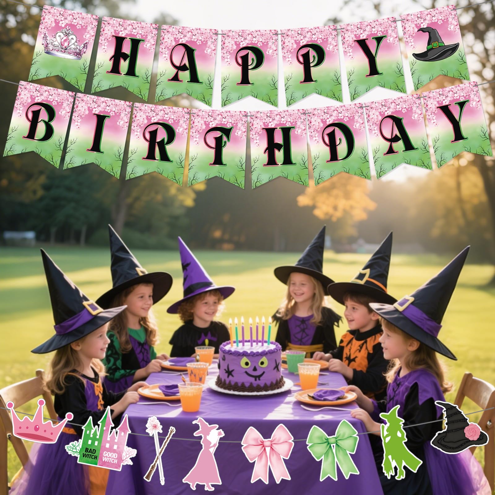 Neyeidru 3pc Pre-Strung Wicked Happy Birthday Banner – Pink & Green Witch Party Decor