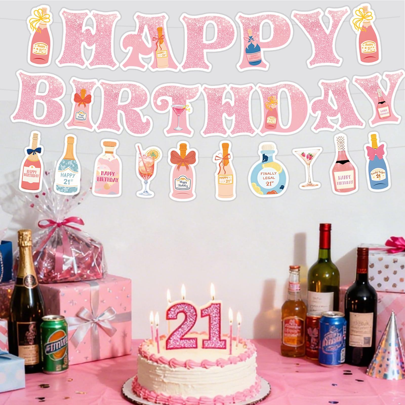 Neyeidru 21st Birthday Decorations | Pink Happy Birthday Banner & Drink Theme Garland