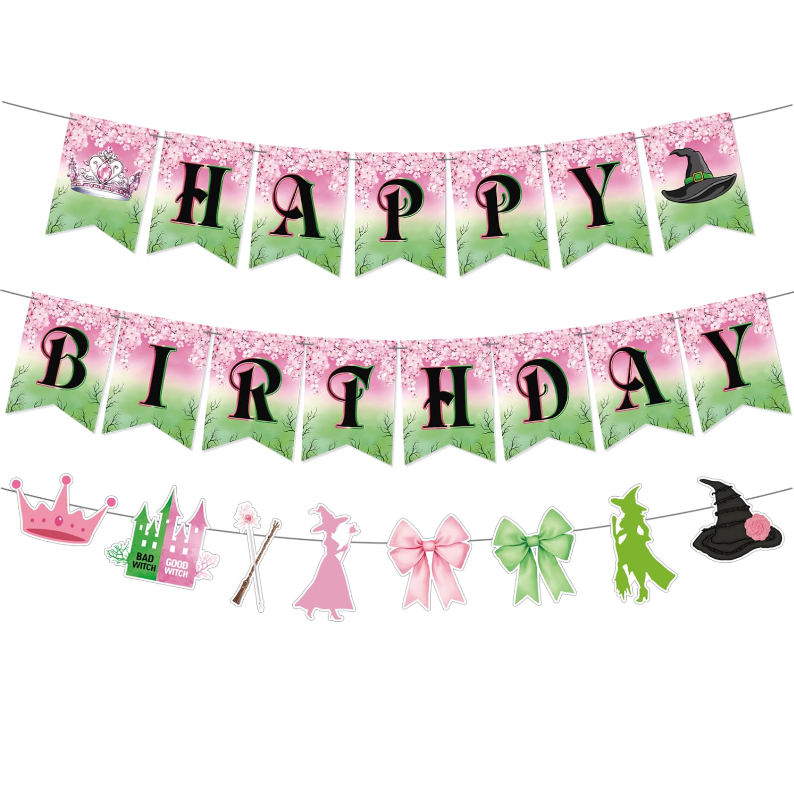 Neyeidru 3pc Pre-Strung Wicked Happy Birthday Banner – Pink & Green Witch Party Decor