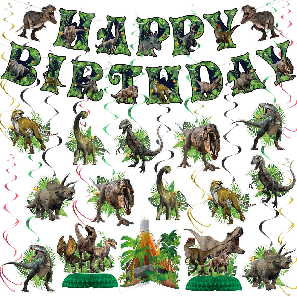 NICOWARM Dinosaur Birthday Party Decorations Set – Pre-assembled Banner, Hanging Swirls & Honeycomb Centerpieces