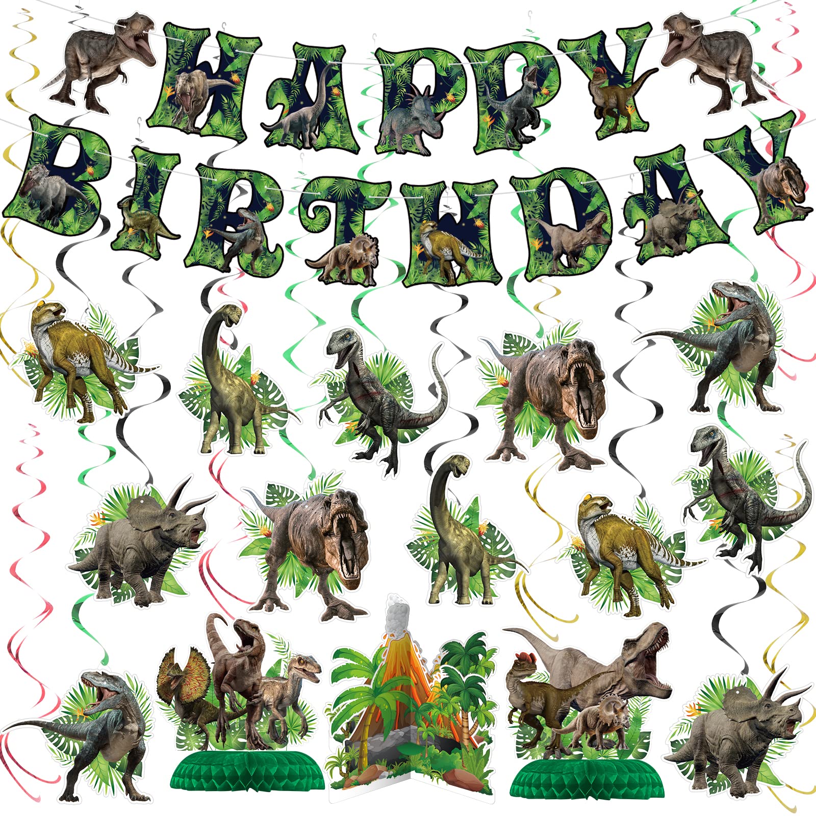 NICOWARM Dinosaur Birthday Party Decorations Set – Pre-assembled Banner, Hanging Swirls & Honeycomb Centerpieces