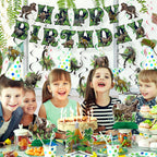 NICOWARM Dinosaur Birthday Party Decorations Set – Pre-assembled Banner, Hanging Swirls & Honeycomb Centerpieces