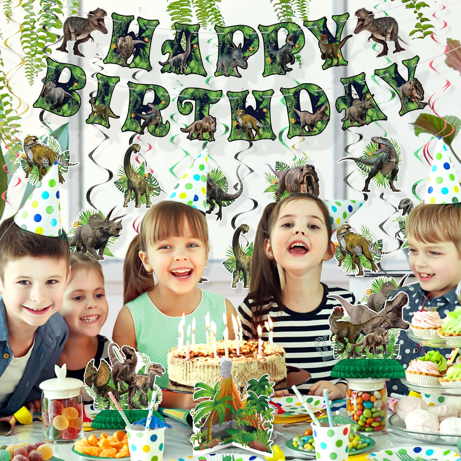NICOWARM Dinosaur Birthday Party Decorations Set – Pre-assembled Banner, Hanging Swirls & Honeycomb Centerpieces
