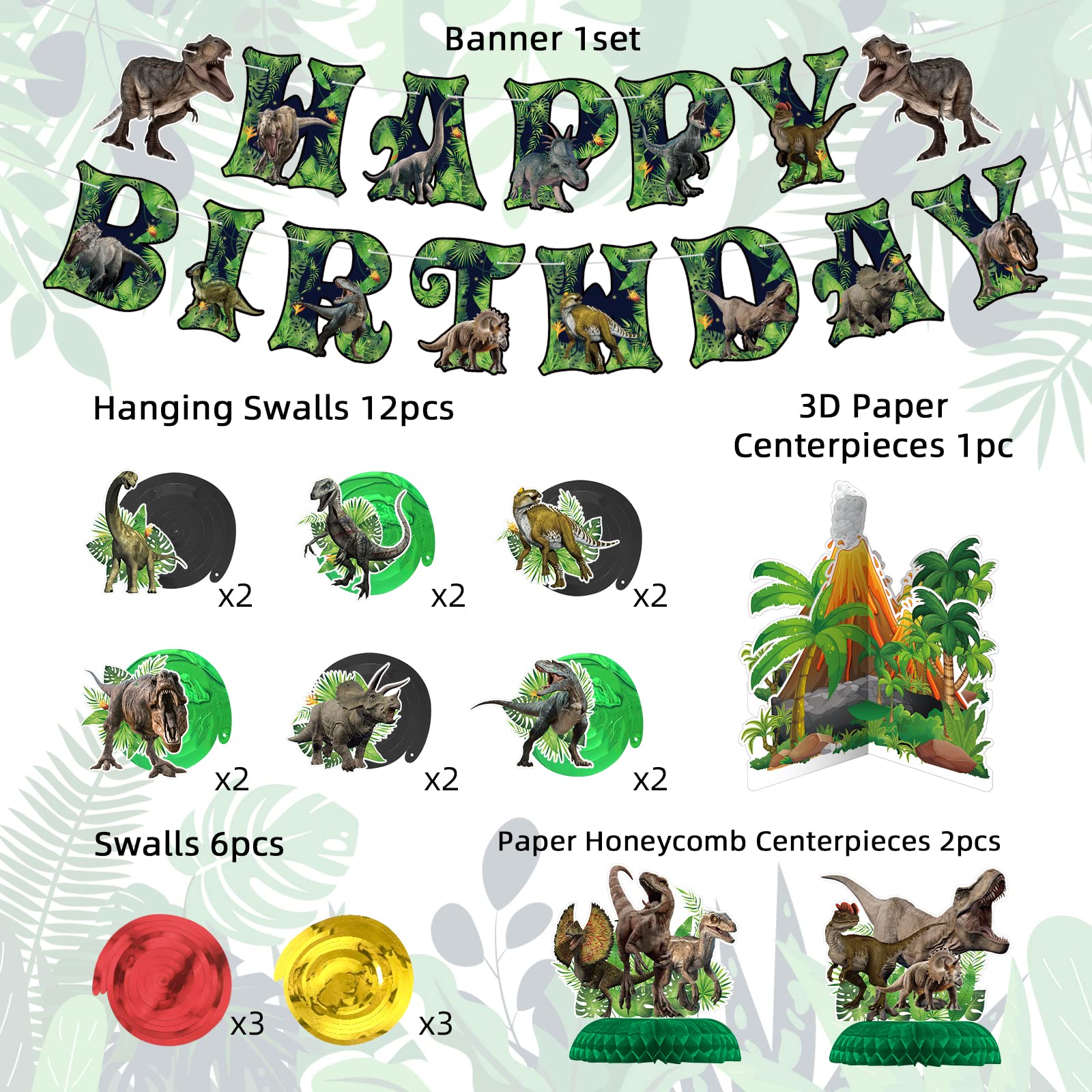 NICOWARM Dinosaur Birthday Party Decorations Set – Pre-assembled Banner, Hanging Swirls & Honeycomb Centerpieces