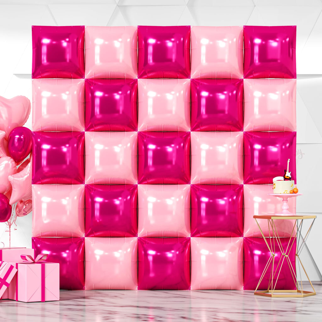 NISOCY 25PCS Hot Magenta Pink Square Foil Balloons Wall Backdrop Double-Sided Arch Kit
