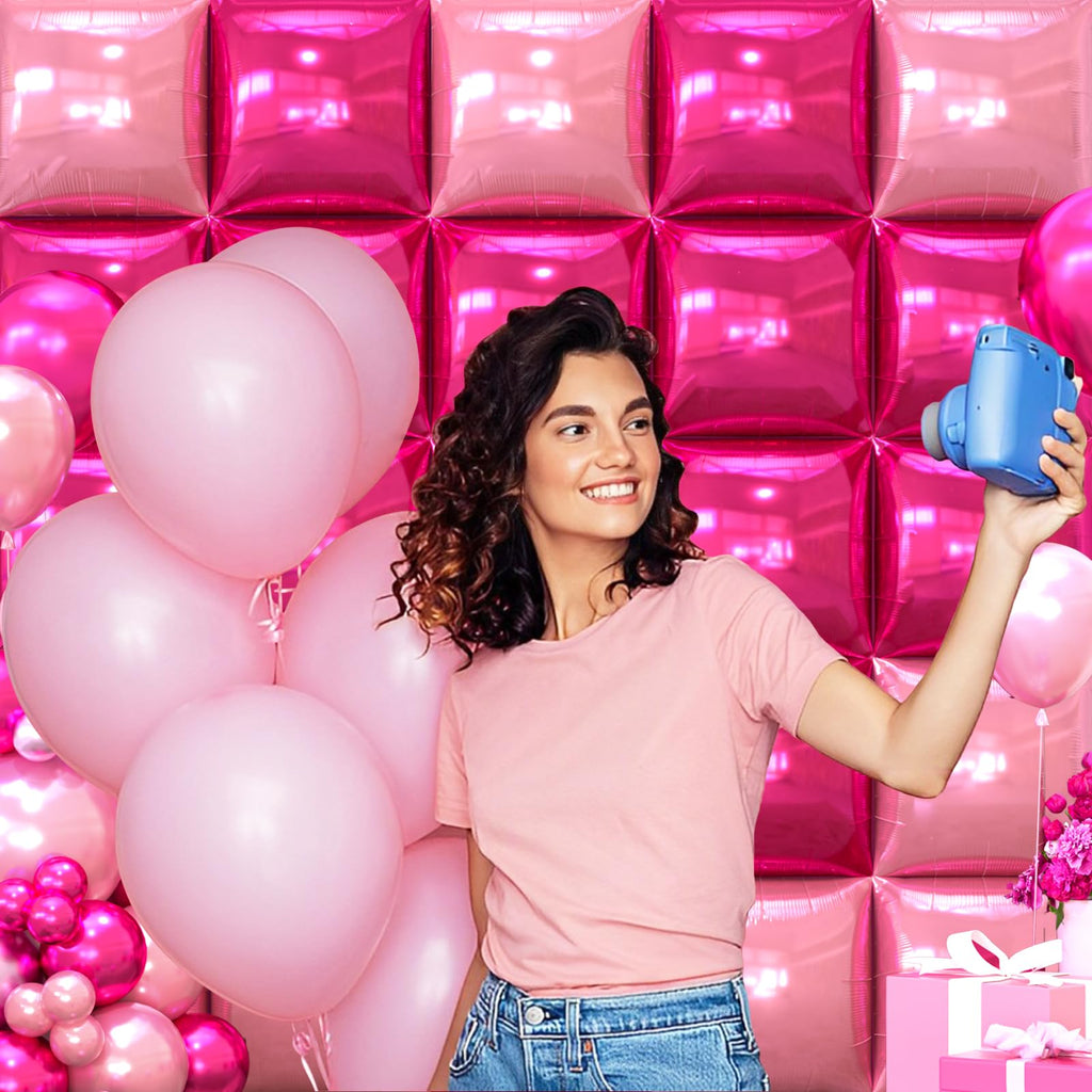 NISOCY 25PCS Hot Magenta Pink Square Foil Balloons Wall Backdrop Double-Sided Arch Kit