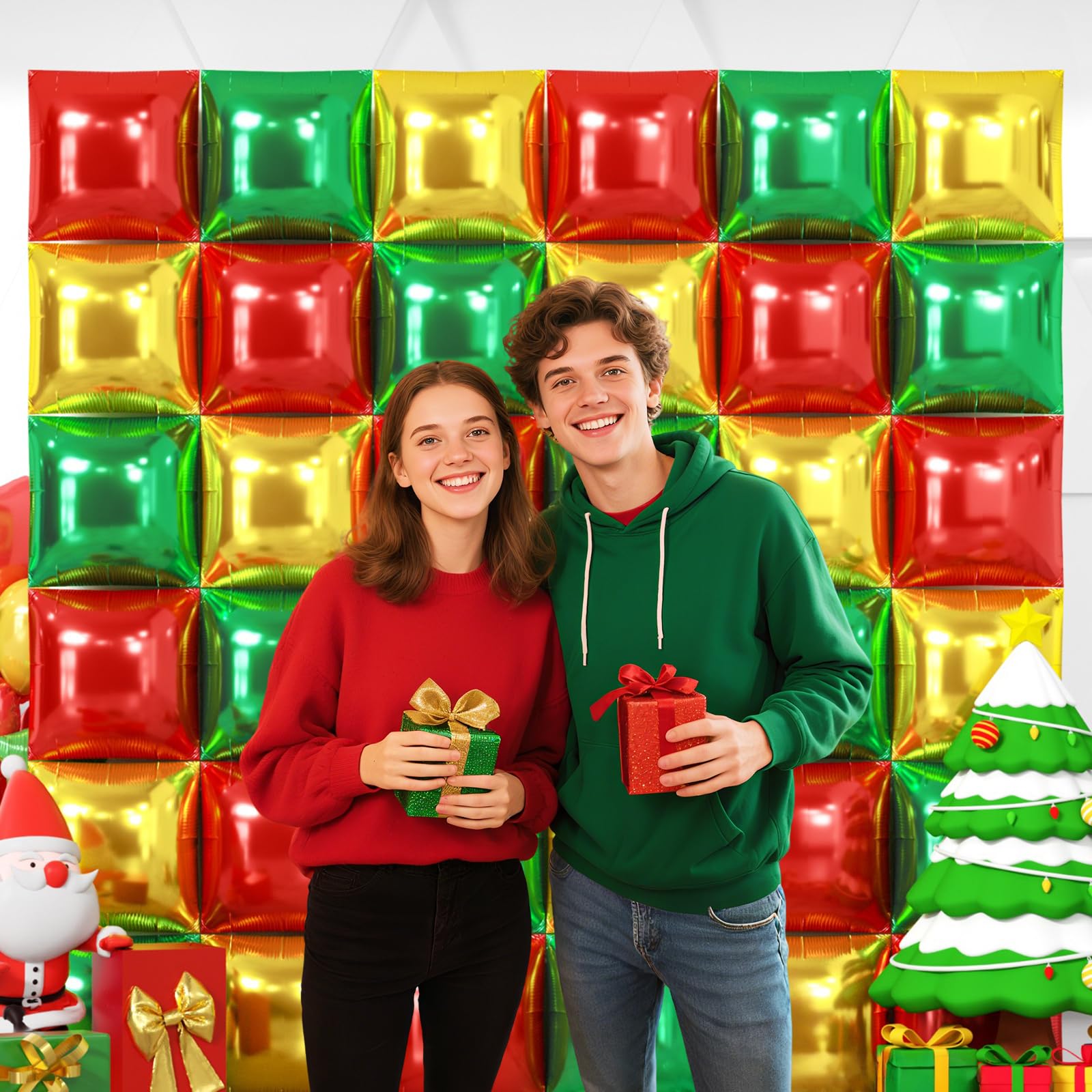 NISOCY 36Pcs Red Green Gold Square Foil Balloons Wall Backdrop Arch Kit – Double-Sided Party Decor