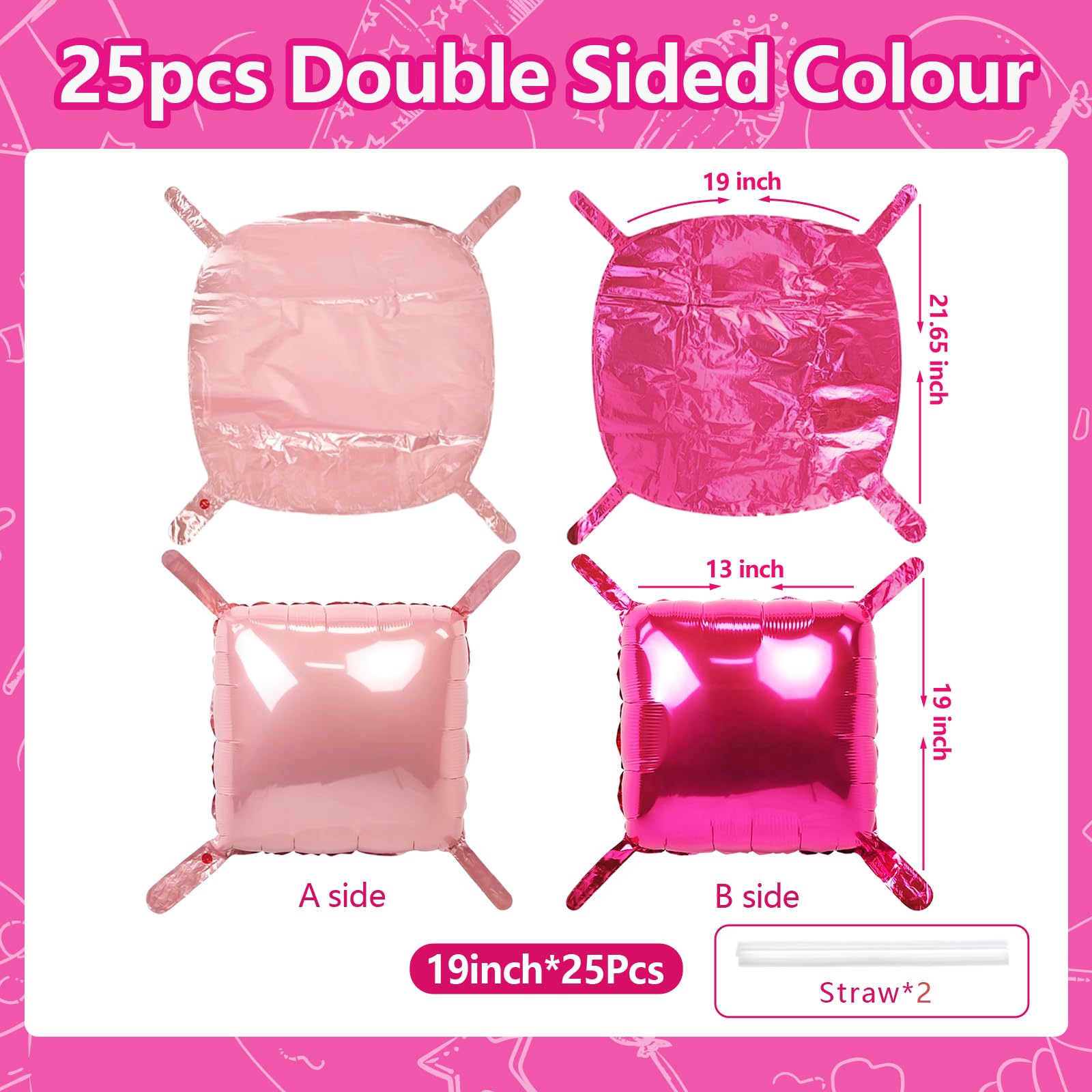 NISOCY 25PCS Hot Magenta Pink Square Foil Balloons Wall Backdrop Double-Sided Arch Kit