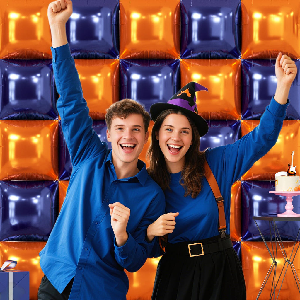 NISOCY 25Pcs Navy Blue & Orange Square Foil Balloons Wall Backdrop Kit - Double-Sided