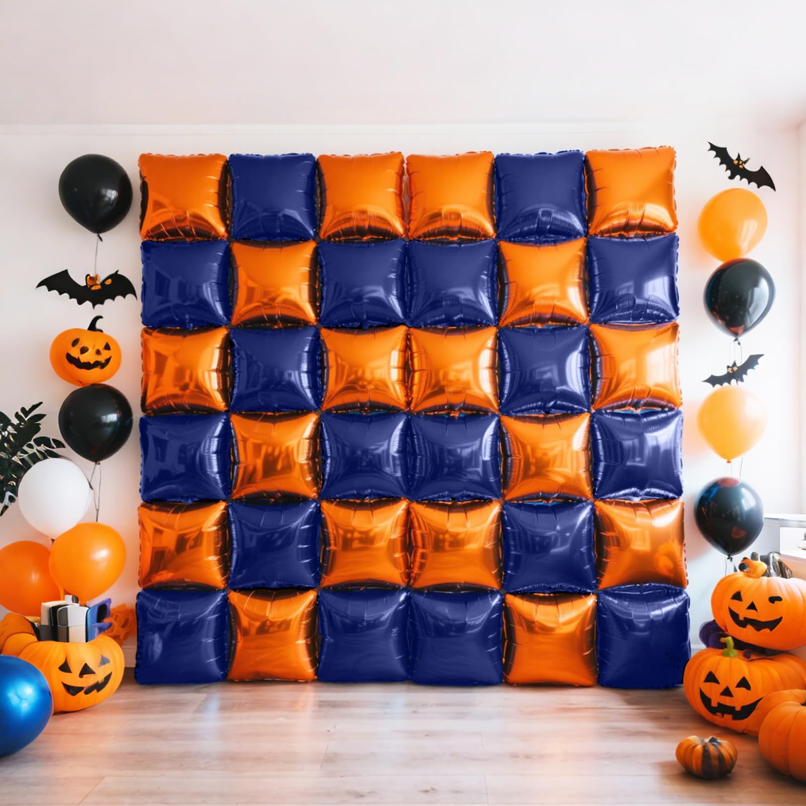NISOCY 25Pcs Navy Blue & Orange Square Foil Balloons Wall Backdrop Kit - Double-Sided