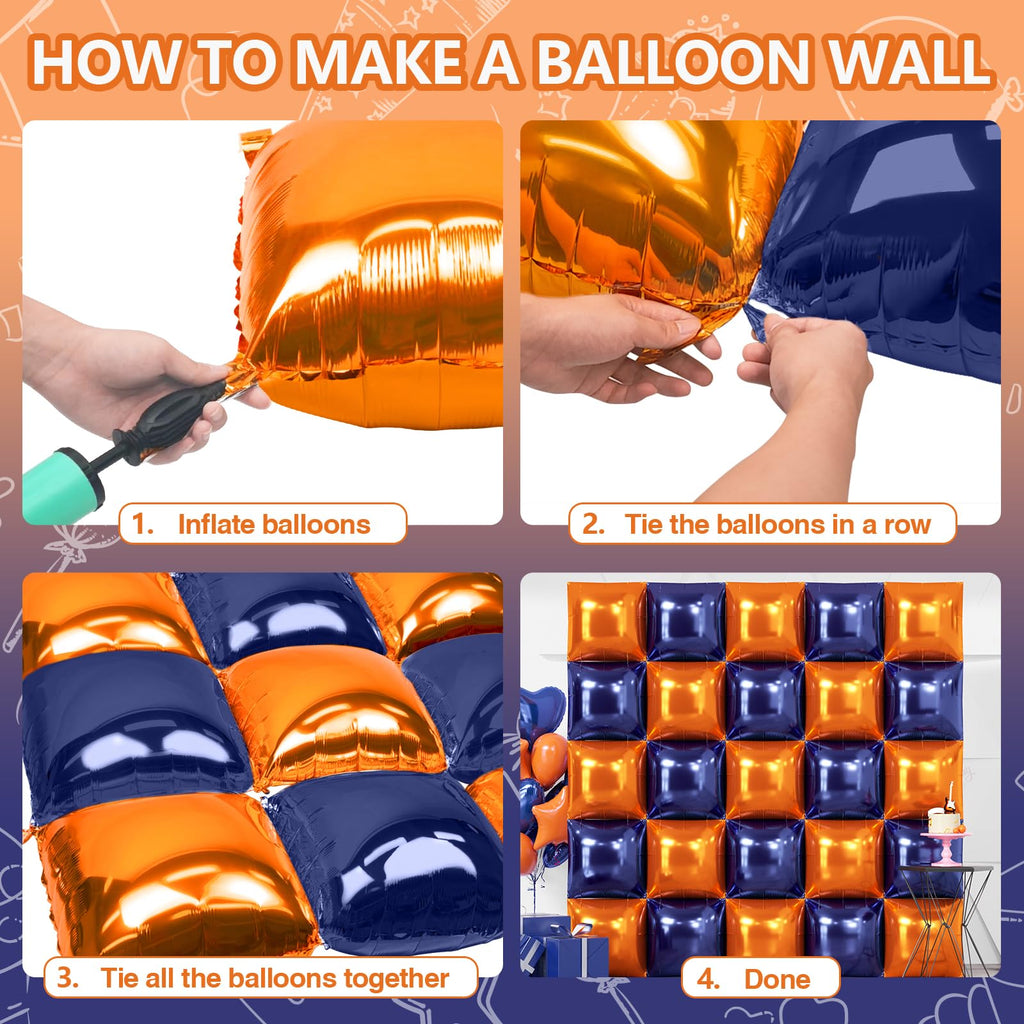 NISOCY 25Pcs Navy Blue & Orange Square Foil Balloons Wall Backdrop Kit - Double-Sided
