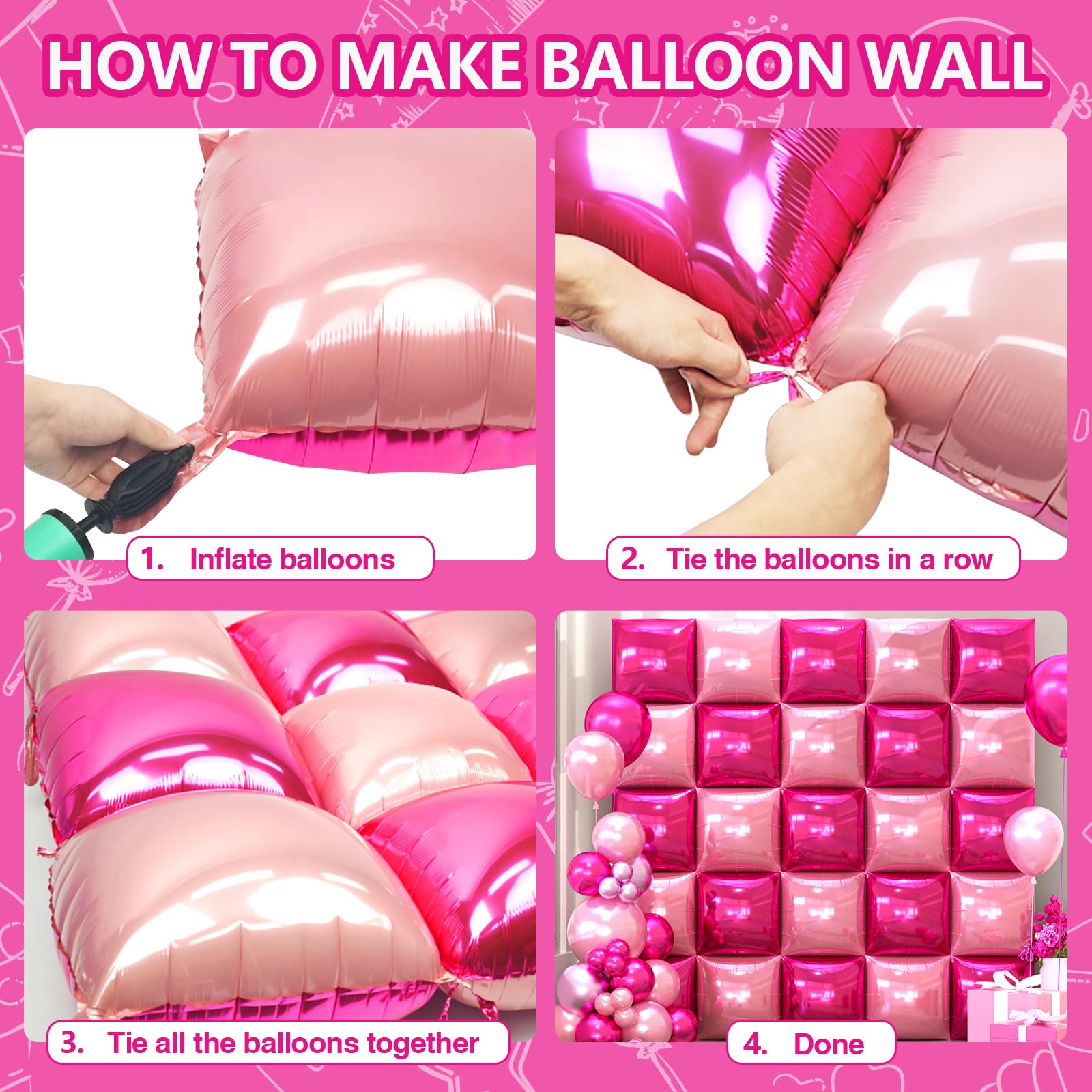 NISOCY 25PCS Hot Magenta Pink Square Foil Balloons Wall Backdrop Double-Sided Arch Kit