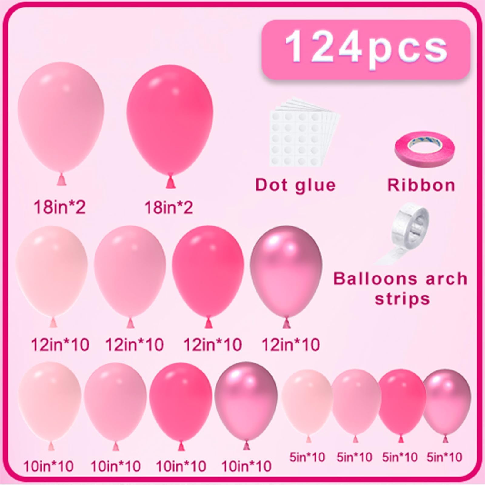 NISOCY Pink Balloons Garland Arch Kit – 124pc Mixed-Size Balloons for Weddings, Valentine’s Day & Party Decor
