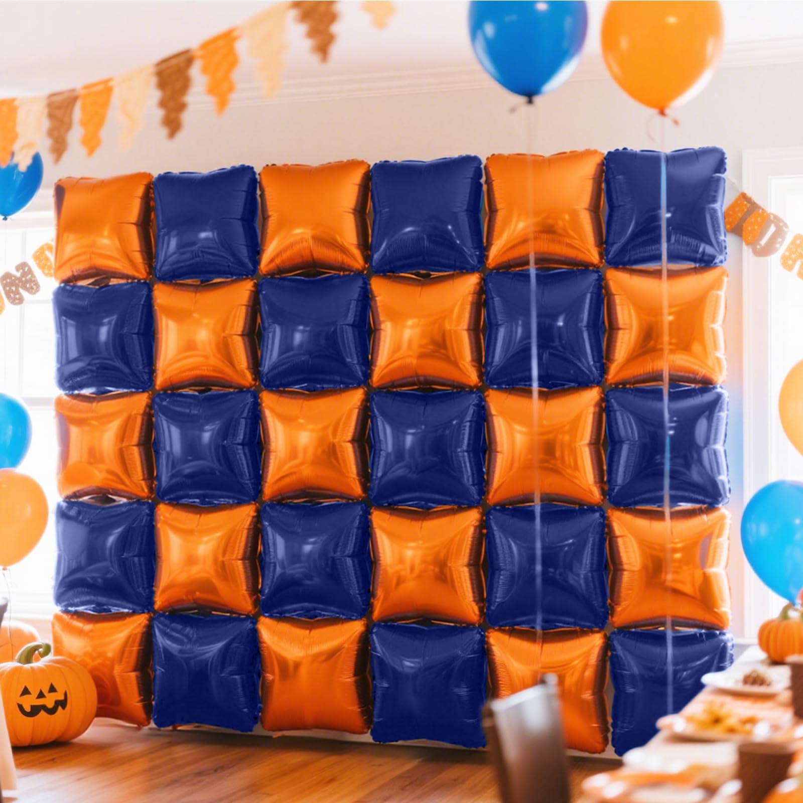 NISOCY 25Pcs Navy Blue & Orange Square Foil Balloons Wall Backdrop Kit - Double-Sided