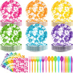 Ninitial 240 Pcs Hibiscus Party Plates & Utensils Set for Luau & Tropical Parties – Serves 48 Guests
