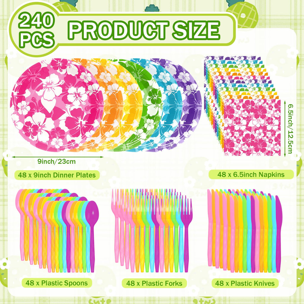 Ninitial 240 Pcs Hibiscus Party Plates & Utensils Set for Luau & Tropical Parties – Serves 48 Guests