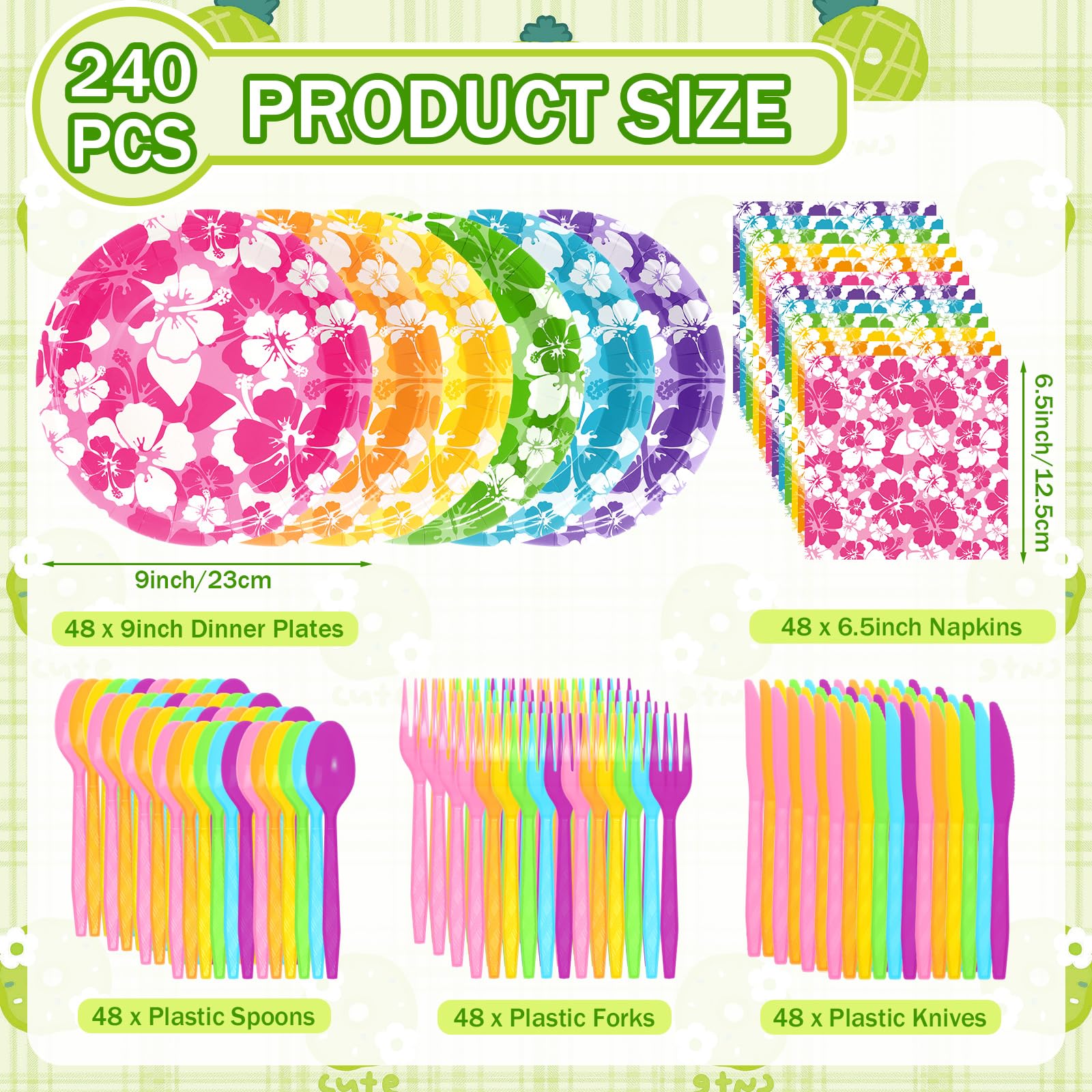 Ninitial 240 Pcs Hibiscus Party Plates & Utensils Set for Luau & Tropical Parties – Serves 48 Guests