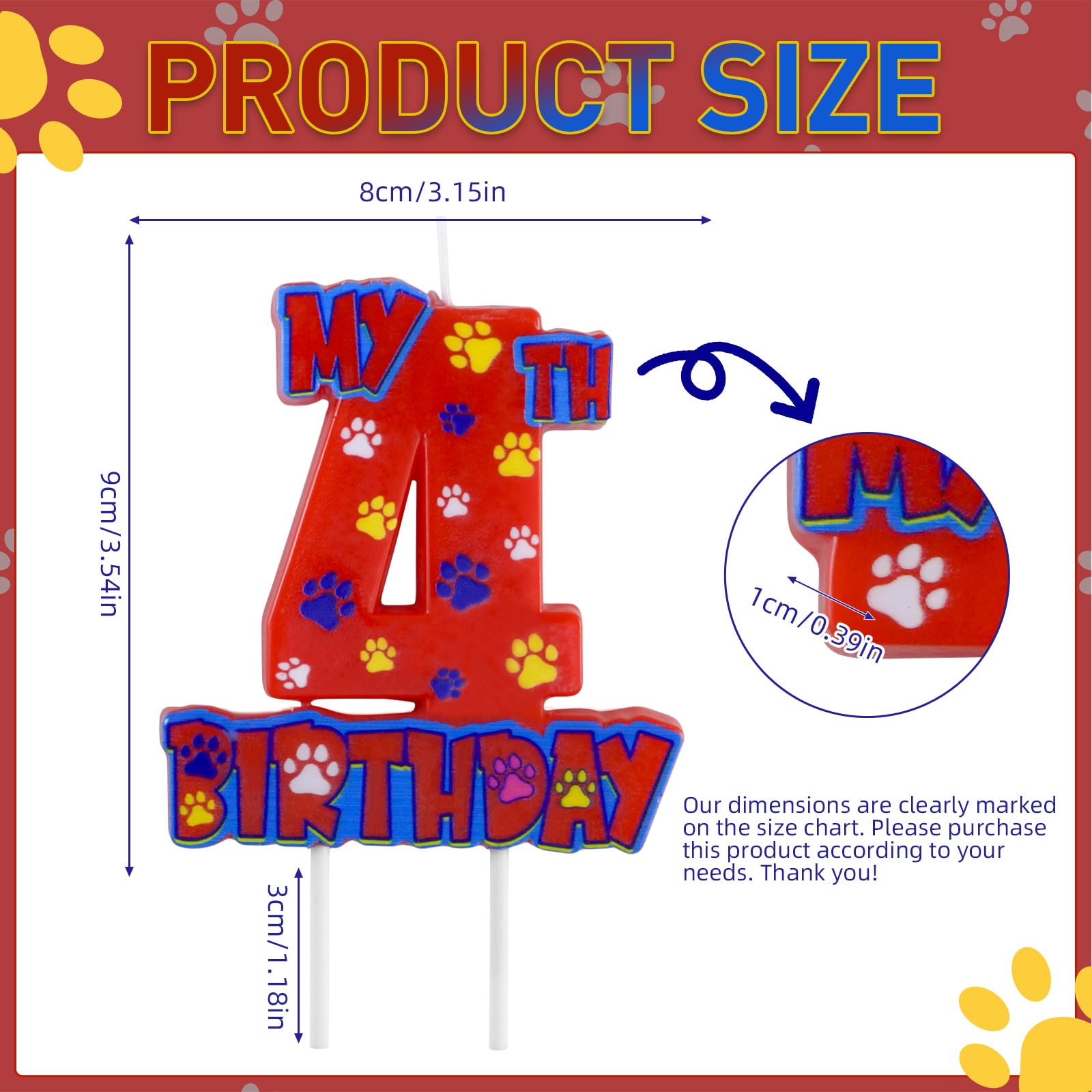 NKM Dog Paw 4th Birthday Candle – Red Paw Cake Topper for Kids Birthday Cakes