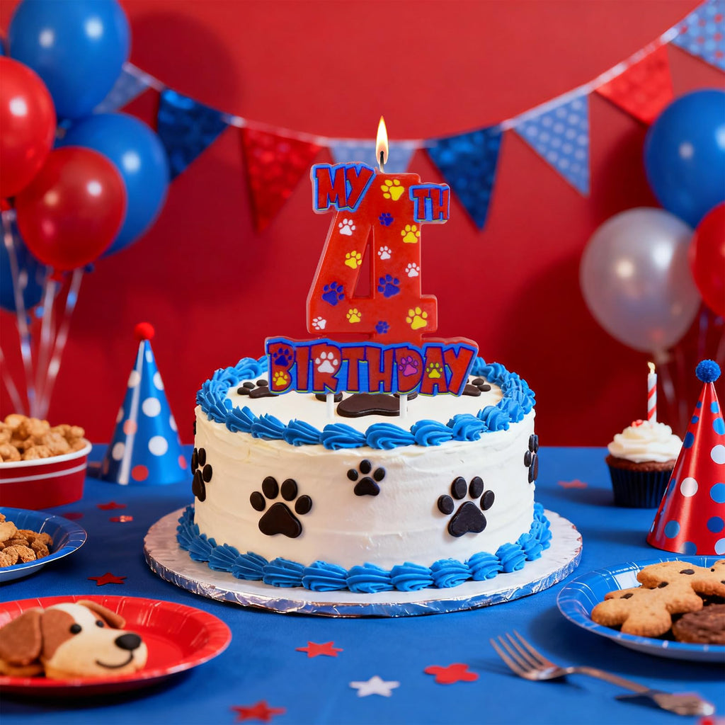 NKM Dog Paw 4th Birthday Candle – Red Paw Cake Topper for Kids Birthday Cakes