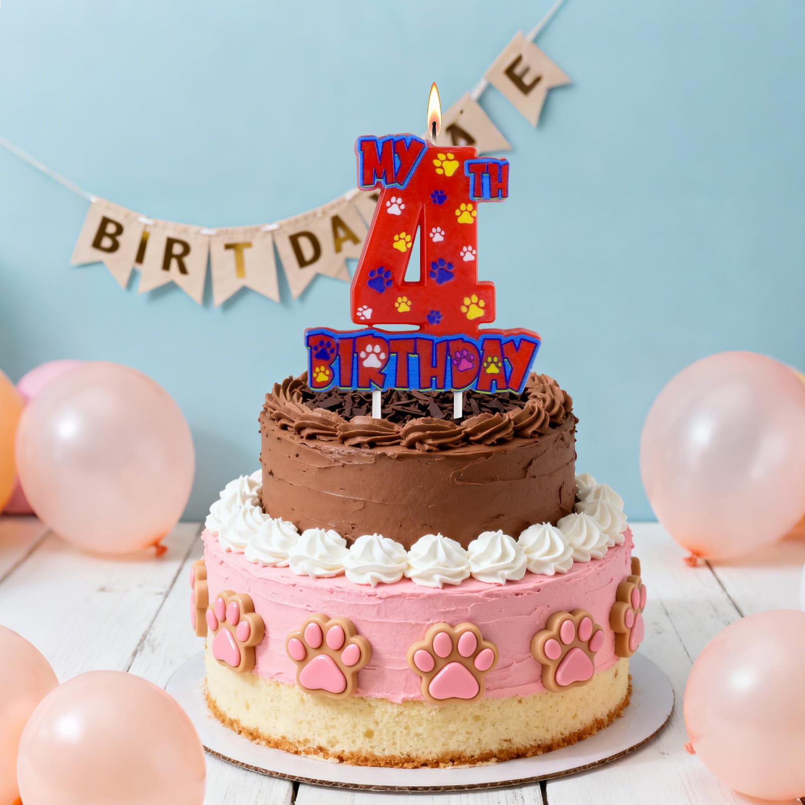 NKM Dog Paw 4th Birthday Candle – Red Paw Cake Topper for Kids Birthday Cakes