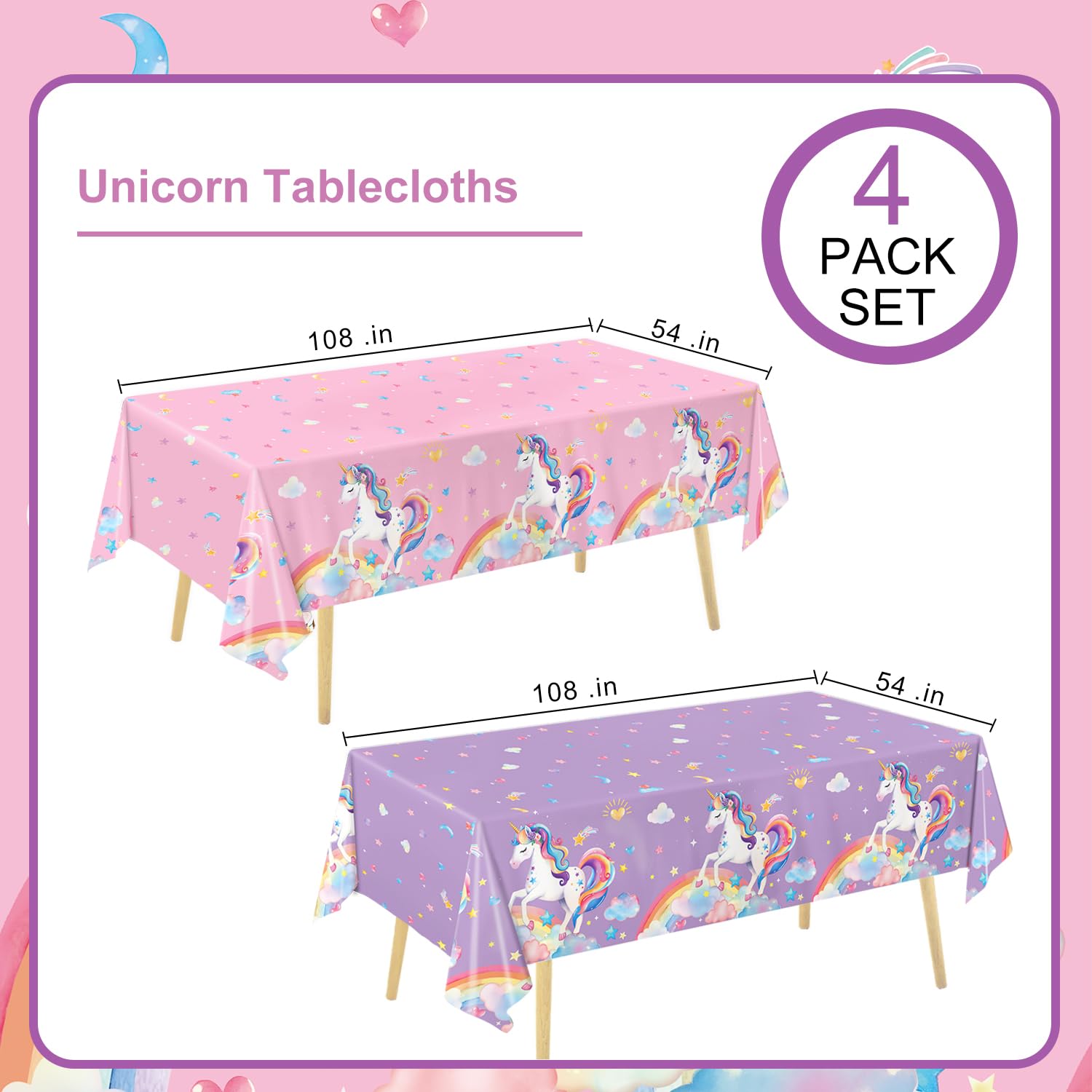 NKPDAXM 4-Pack Unicorn Tablecloths - Disposable 54x108 Inches for Birthday Parties