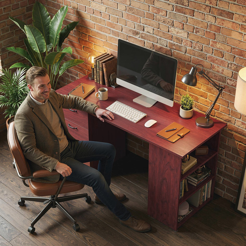 HOMCOM Computer Desk, Writing Table, PC Workstation with 3 Storage Shelves and Drawers, Handle, for Home Office, Walnut Brown