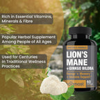 NooMost Lions Mane Organic Capsules with Ginkgo Biloba | Cognitive Health, Focus & Memory | 60 Caps (2 Month Supply)