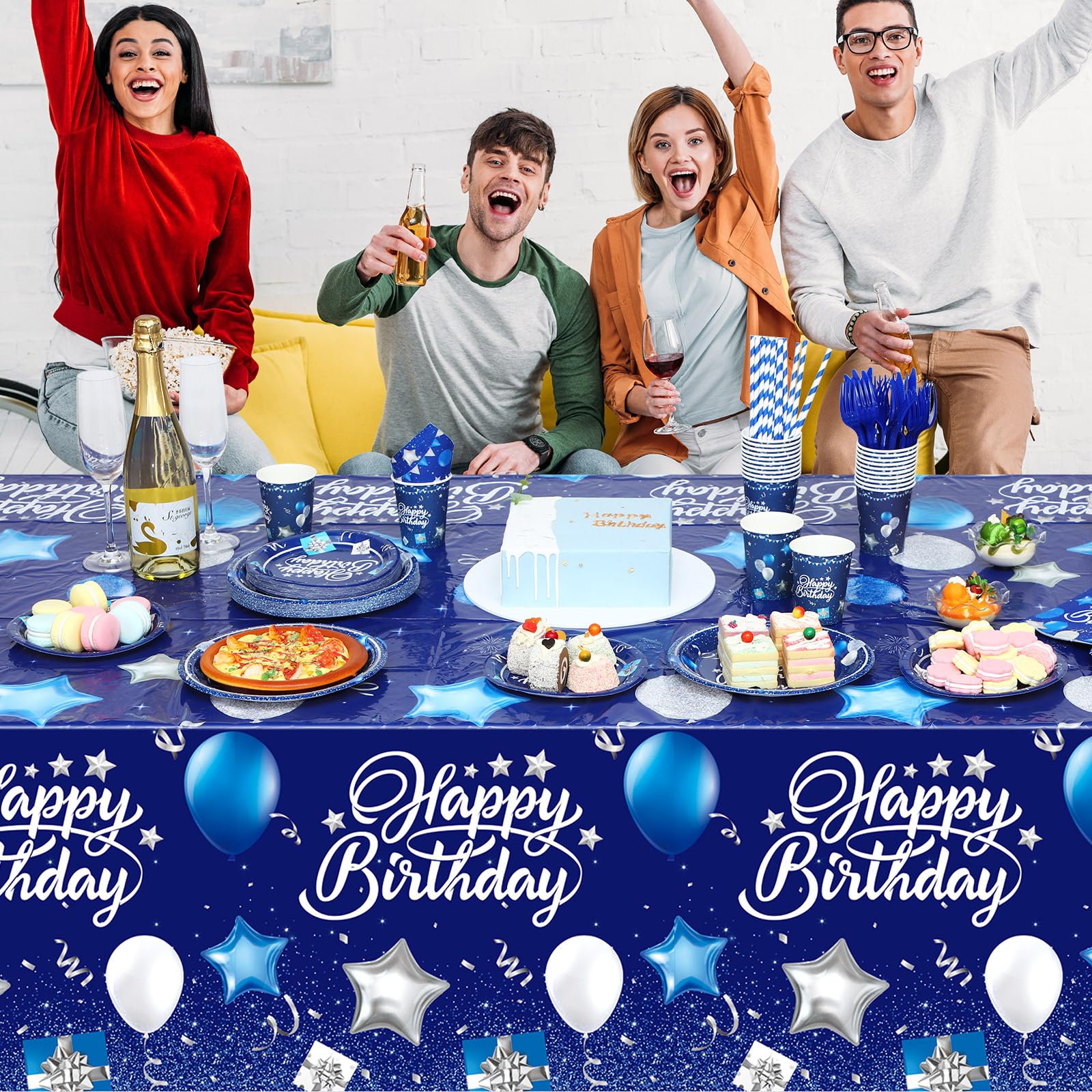Norme 176-Piece Navy Blue & Silver Birthday Tableware Set for 25 Guests | Classic Party Supplies