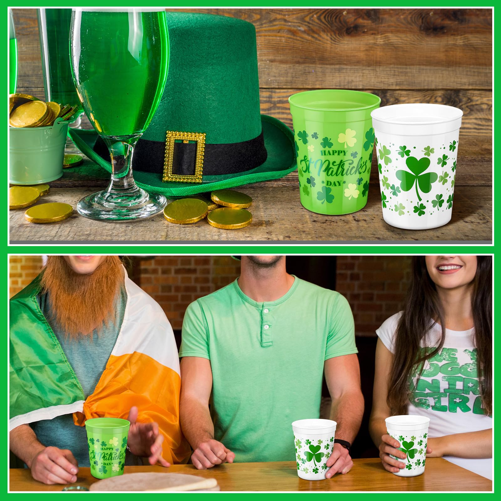 Norme 24 Pcs St Patrick's Day Plastic Cups – Reusable 16oz Shamrock Design for Parties
