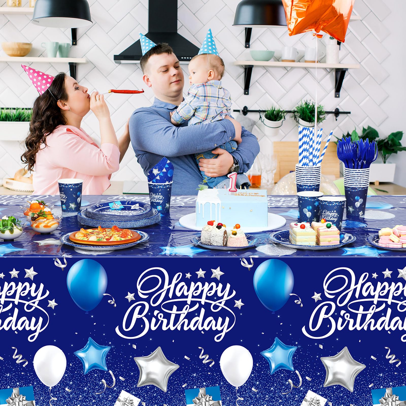 Norme 176-Piece Navy Blue & Silver Birthday Tableware Set for 25 Guests | Classic Party Supplies