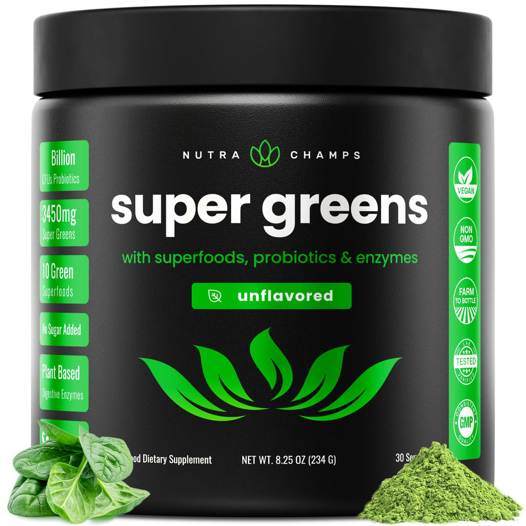 NutraChamps Super Greens Pulver – Premium 255 g unaromatisiert | Über 20 Bio-Grünpflanzen, Spirulina & Chlorella