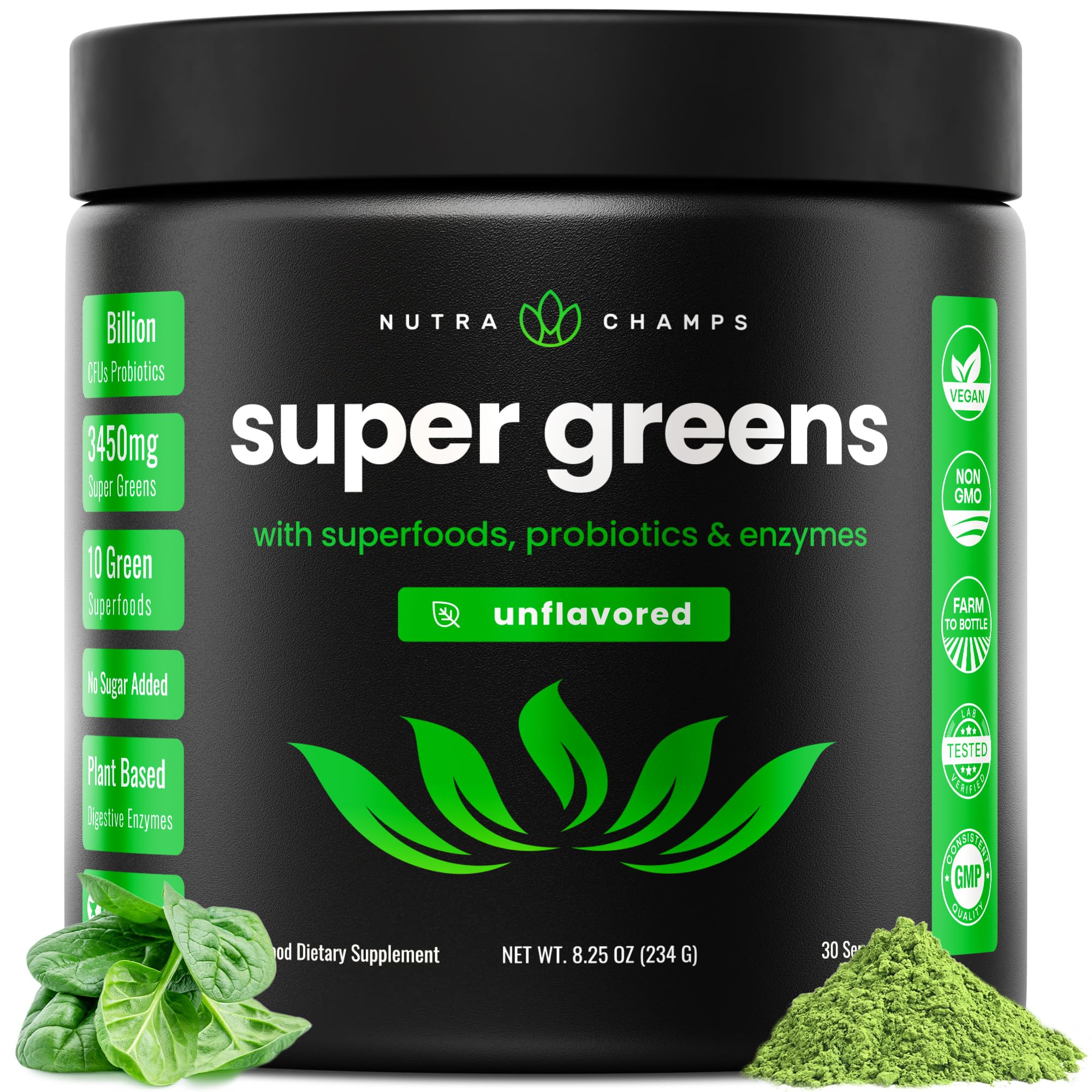 NutraChamps Super Greens Pulver – Premium 255 g unaromatisiert | Über 20 Bio-Grünpflanzen, Spirulina & Chlorella