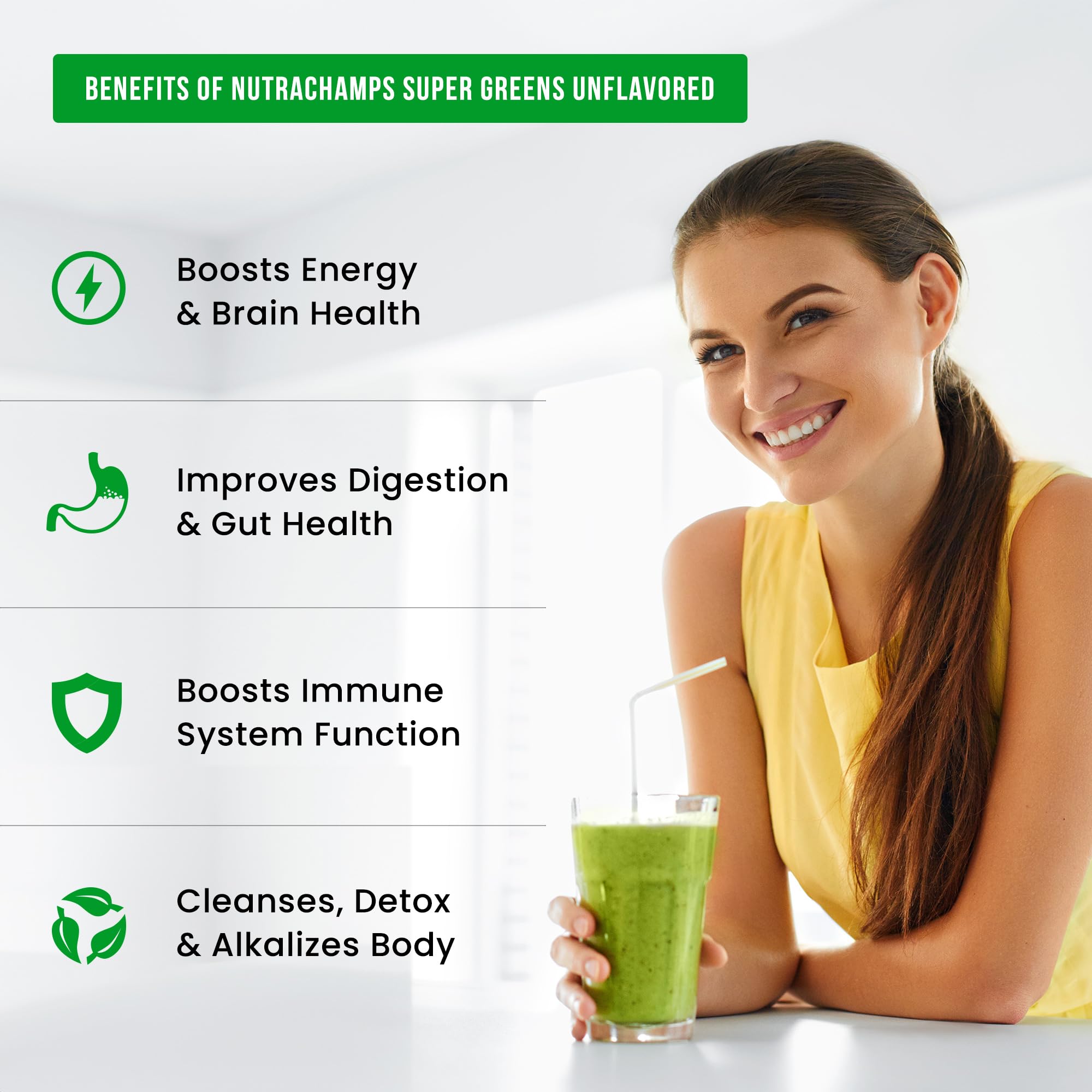 NutraChamps Super Greens Pulver – Premium 255 g unaromatisiert | Über 20 Bio-Grünpflanzen, Spirulina & Chlorella