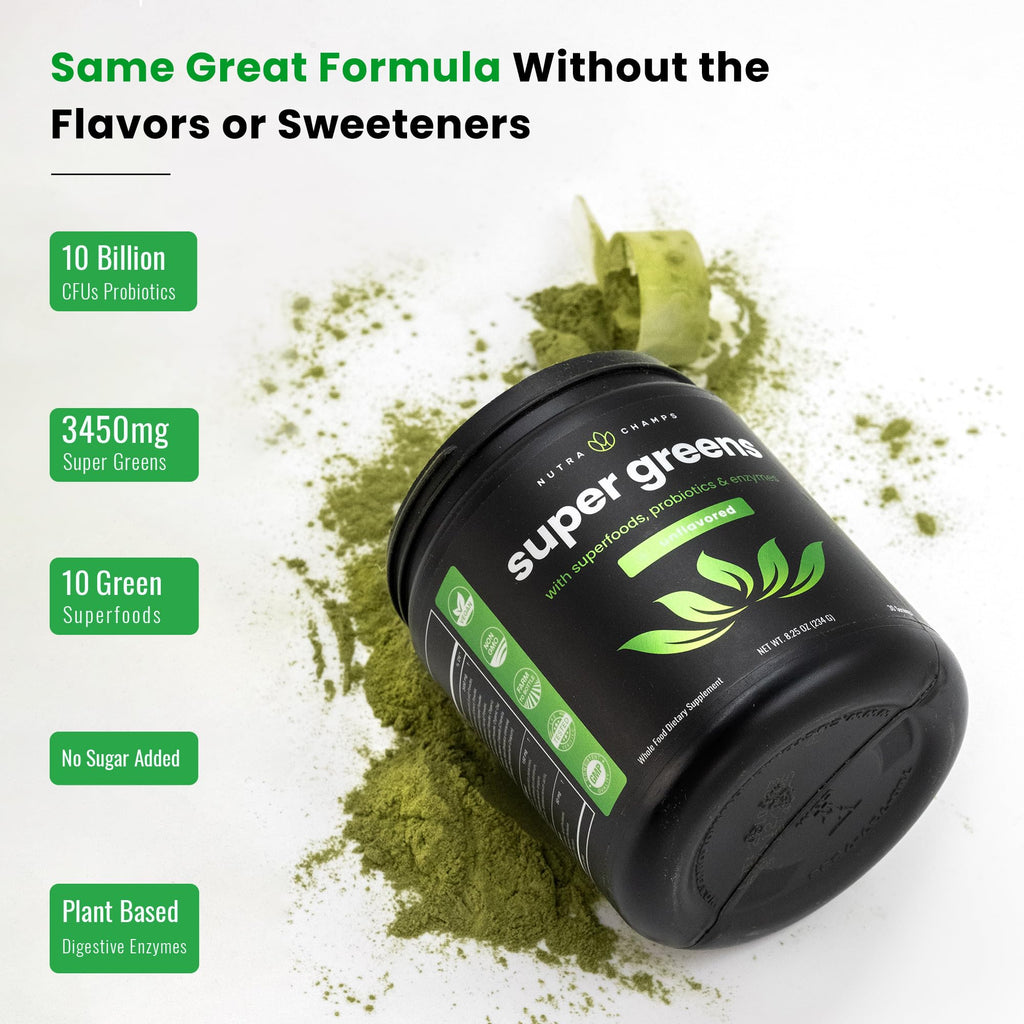 NutraChamps Super Greens Pulver – Premium 255 g unaromatisiert | Über 20 Bio-Grünpflanzen, Spirulina & Chlorella