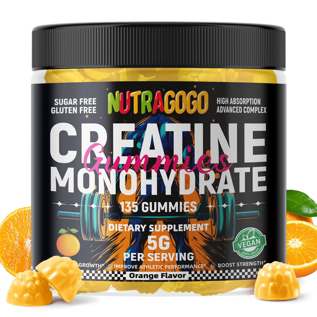 NUTRAGOGO Kreatin-Monohydrat-Gummis für Männer & Frauen – 5g pro Portion – Zuckerfrei, Vegan, Bio-Elektrolyt-Kaubonbons, 135 Stück